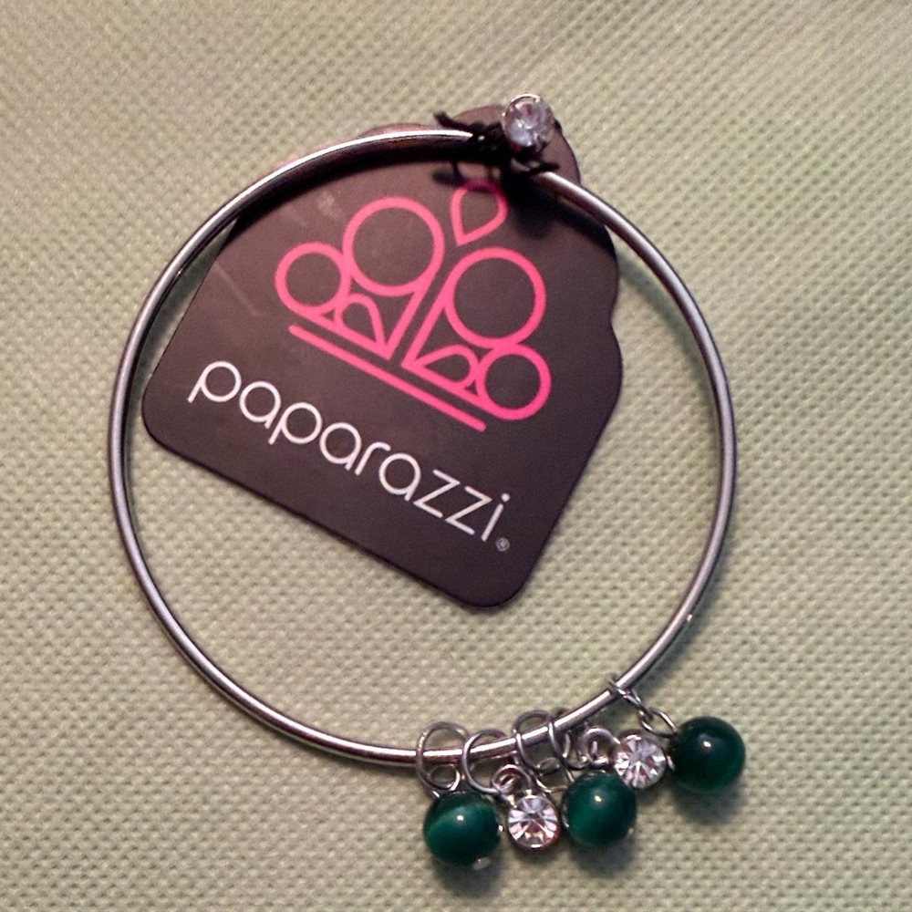 paparazzi Silver Bangle with Green Bead and Crystal Charms